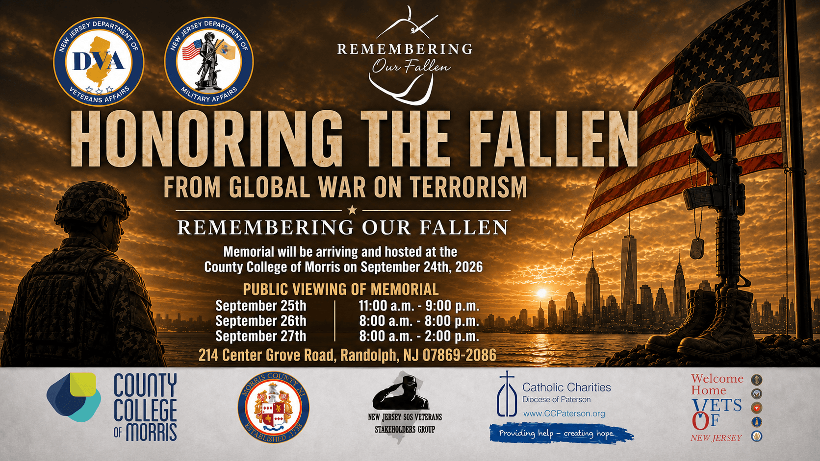 Honoring the Fallen — Remembering Our Fallen memorial, September 24–27, 2026 at County College of Morris, Randolph, NJ